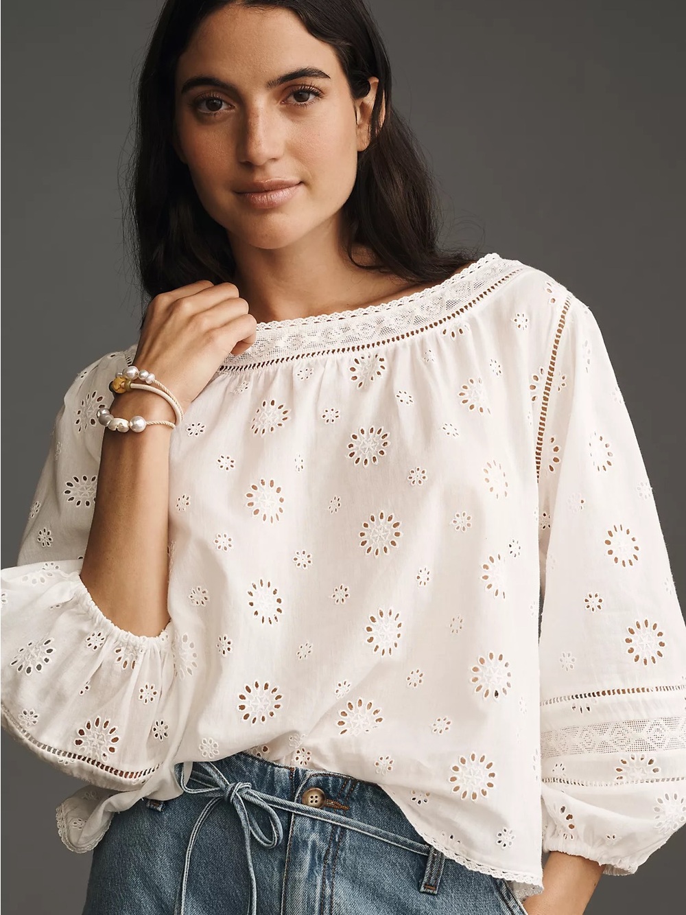 NWT Size M -  Pilcro 100% Cotton Long-Sleeve Eyelet Swing Blouse (NWT US$ 118)